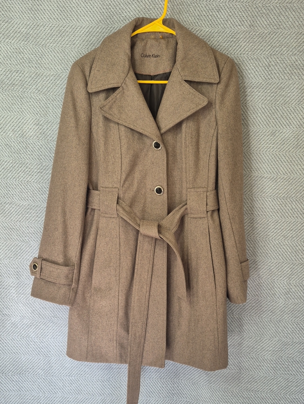 NWOT Calvin Klein 40% Wool Belted Tailored Walking Coat Pea Coat Taupe Women 8